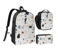 JKLQWC White terrazzo Print Backpack Set 3-Piece, 17-Inch School Bag with Insulated Lunch Bag & Pencil Case for Students Teens Girls Boys