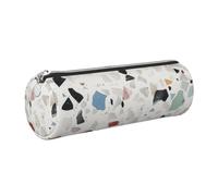 JKLQWC White terrazzo Printed Cylinder Pencil Case with Silver Zipper - Lightweight Leather Organizer for School, Office, Travel, Makeup