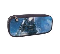 JKLQWC Winter Christmas Snow Night Railway Train Printed PU Leather Pencil Case Cute Pen Pencil Box Bag Zipper Office School Pencil Pouch Organizer for Students Teen Girls Boys Adult Gifts