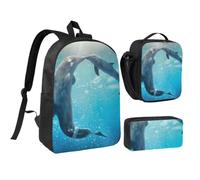 JKLQWC winter the dolphin Print School Backpack Set of 3, 17-Inch School Bag with Insulated Lunch Bag & Pencil Case for Students Teens Girls Boys