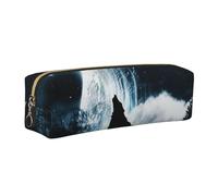 JKLQWC Wolf Howling At The Moon Printed Leather Pencil Case with Gold Zipper - Simple and Lightweight Organizer for School, Office, Travel, Makeup
