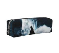 JKLQWC Wolf Howling At The Moon Printed Leather Pencil Case with Silver Zipper - Simple and Lightweight Organizer for School, Office, Travel, Makeup