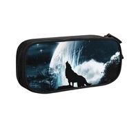 JKLQWC Wolf Howling At The Moon Printed Pencil Case Cute Pen Pencil Box Bag Zipper Storage Organizer Box Holder for Office School Teen Girl Boy Adult,Black