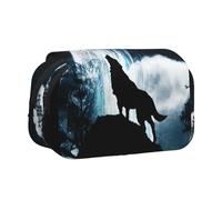 JKLQWC Wolf Howling At The Moon Prints Pencil Case for Kids Men Women, Two Layers Large Capacity Pencil Pouch Makeup Bag Organizer for Office School Travel