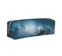 JKLQWC Wolf in the Moonlight Printed Leather Pencil Case with Gold Zipper - Simple and Lightweight Organizer for School, Office, Travel, Makeup