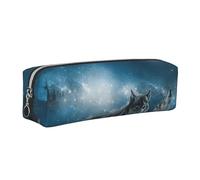 JKLQWC Wolf in the Moonlight Printed Leather Pencil Case with Silver Zipper - Simple and Lightweight Organizer for School, Office, Travel, Makeup