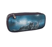 JKLQWC Wolf in the Moonlight Printed PU Leather Pencil Case Cute Pen Pencil Box Bag Zipper Office School Pencil Pouch Organizer for Students Teen Girls Boys Adult Gifts