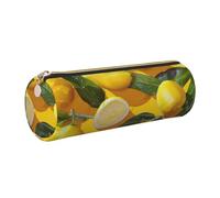 JKLQWC Yellow Lemons Printed Cylinder Pencil Case with Gold Zipper - Lightweight Leather Organizer for School, Office, Travel, Makeup