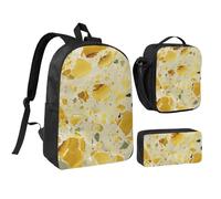JKLQWC Yellow Marble Print Backpack Set 3-Piece, 17-Inch School Bag with Insulated Lunch Bag & Pencil Case for Students Teens Girls Boys