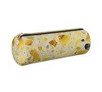 JKLQWC Yellow Marble Printed Cylinder Pencil Case with Gold Zipper - Lightweight Leather Organizer for School, Office, Travel, Makeup