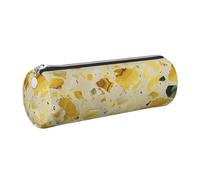 JKLQWC Yellow Marble Printed Cylinder Pencil Case with Silver Zipper - Lightweight Leather Organizer for School, Office, Travel, Makeup