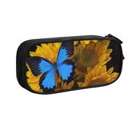 JKLQWC Yellow Sunflowers with Blue Butterflies Printed Pencil Case Cute Pen Pencil Box Bag Zipper Storage Organizer Box Holder for Office School Teen Girl Boy Adult,Black