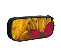 JKLQWC Yellow Sunflowers with Red Butterfly Printed Pencil Case Cute Pen Pencil Box Bag Zipper Storage Organizer Box Holder for Office School Teen Girl Boy Adult,Black