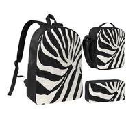 JKLQWC Zebra Animal Print Backpack Set 3-Piece, 17-Inch School Bag with Insulated Lunch Bag & Pencil Case for Students Teens Girls Boys