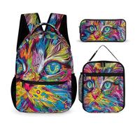 JKLQWH A Psychedelic Cat Backpack 3pcs Set Large Capacity Computer Backpack Reusable Lunch Bag Portable Pencil Case