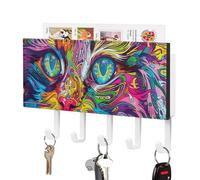 JKLQWH A Psychedelic Cat Key Holder Sturdy Practical Key Hook Fashion Wall Mounted Key Racks with 5 Hooks for Foyer Corridor Home Decor