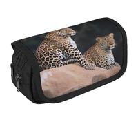 JKLQWH African Leopard on Rock Pencil Case With Double Zipper Large Capacity Cosmetic Bag 2 Compartments Portable Pencil Pouch For Office Supplies, Cosmetics