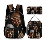 JKLQWH African Ritual Ethnic Tribal Backpack 3pcs Set Large Capacity Computer Backpack Reusable Lunch Bag Portable Pencil Case