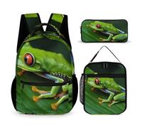 JKLQWH Animal Frog Green Leaf Leaves Backpack 3pcs Set Large Capacity Computer Backpack Reusable Lunch Bag Portable Pencil Case