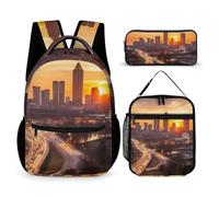 JKLQWH Atlanta City Sunset Landscape Backpack 3pcs Set Large Capacity Computer Backpack Reusable Lunch Bag Portable Pencil Case