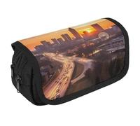 JKLQWH Atlanta City Sunset Landscape Pencil Case With Double Zipper Large Capacity Cosmetic Bag 2 Compartments Portable Pencil Pouch For Office Supplies, Cosmetics