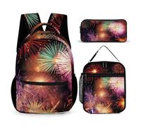 JKLQWH Beautiful Fireworks Backpack 3pcs Set Large Capacity Computer Backpack Reusable Lunch Bag Portable Pencil Case