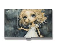 JKLQWH Blonde Girl with Big Eyes Business Card Holder Personalization Aluminum Alloy Business Card Case Slim Portable Name Cards Holders For Men Women