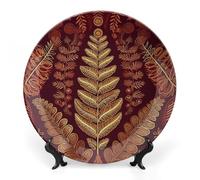 JKLQWH Bone China Decorative Plate 7inch Art Ceramic Decorative Plate With Display Stand Maroon Gold Pattern Handmade Ceramic Ornament For Home Office Wall Decor