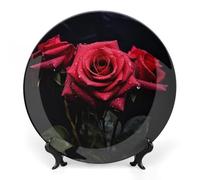 JKLQWH Bone China Decorative Plate 7inch Art Ceramic Decorative Plate With Display Stand Red Rose And Black Leaves Handmade Ceramic Ornament For Home Office Wall Decor