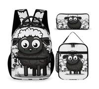 JKLQWH Cartoon Black White Sheep Backpack 3pcs Set Large Capacity Computer Backpack Reusable Lunch Bag Portable Pencil Case