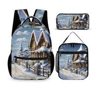 JKLQWH Christmas Winter Happy Scene Backpack 3pcs Set Large Capacity Computer Backpack Reusable Lunch Bag Portable Pencil Case