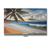 JKLQWH Coconut Palm Tree Sandy Beach Business Card Holder Personalization Aluminum Alloy Business Card Case Slim Portable Name Cards Holders For Men Women