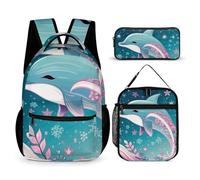 JKLQWH Cute Dolphin Snowflake Backpack 3pcs Set Large Capacity Computer Backpack Reusable Lunch Bag Portable Pencil Case