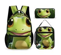 JKLQWH Cute Frog Backpack 3pcs Set Large Capacity Computer Backpack Reusable Lunch Bag Portable Pencil Case