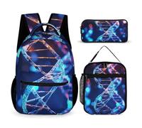 JKLQWH DNA Genetic Helix Backpack 3pcs Set Large Capacity Computer Backpack Reusable Lunch Bag Portable Pencil Case