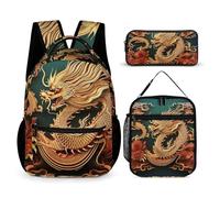 JKLQWH Dragon Chinese Background Backpack 3pcs Set Large Capacity Computer Backpack Reusable Lunch Bag Portable Pencil Case