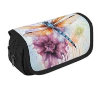JKLQWH Dragonfly Watercolor Painting Pencil Case With Double Zipper Large Capacity Cosmetic Bag 2 Compartments Portable Pencil Pouch For Office Supplies, Cosmetics