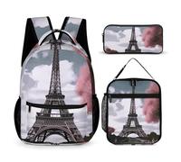 JKLQWH Eiffel Tower Backpack 3pcs Set Large Capacity Computer Backpack Reusable Lunch Bag Portable Pencil Case