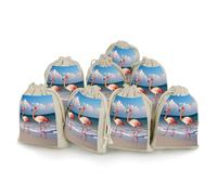 JKLQWH Flamingo On The Beach 8 Pack Cotton Drawstring Bags Cotton Hemp Bunches Pocket Reusable Jewelry Pouches Portable Gift Wrap Bags Muslin Bags Christmas Gifts Candy Bags