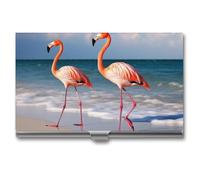 JKLQWH Flamingo On The Beach Business Card Holder Personalization Aluminum Alloy Business Card Case Slim Portable Name Cards Holders For Men Women
