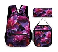 JKLQWH Flower Leaves Purple Red Flower Backpack 3pcs Set Large Capacity Computer Backpack Reusable Lunch Bag Portable Pencil Case