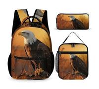 JKLQWH Golden Sunset Bald Eagle Backpack 3pcs Set Large Capacity Computer Backpack Reusable Lunch Bag Portable Pencil Case