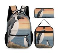 JKLQWH Hand Drawn Penguin Backpack 3pcs Set Large Capacity Computer Backpack Reusable Lunch Bag Portable Pencil Case