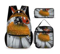 JKLQWH Ladybug Daisy Backpack 3pcs Set Large Capacity Computer Backpack Reusable Lunch Bag Portable Pencil Case