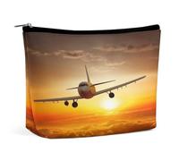 JKLQWH Leather Makeup Bag Waterproof Cosmetic Bag for Women Aircraft Plane at Sunset Open Flat Toiletry Bags Portable Pouch With Zipper Make Up Organizer Case for Travel Accessories, Aircraft Plane at