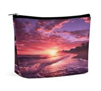 JKLQWH Leather Makeup Bag Waterproof Cosmetic Bag for Women Beach Sunset Open Flat Toiletry Bags Portable Pouch With Zipper Make Up Organizer Case for Travel Accessories, Beach Sunset, 6.8 × 2.3 × 5.9