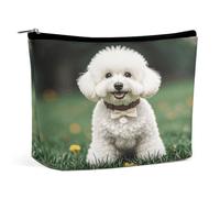 JKLQWH Leather Makeup Bag Waterproof Cosmetic Bag for Women Bichon Frise Dog on The Grass Open Flat Toiletry Bags Portable Pouch With Zipper Make Up Organizer Case for Travel Accessories, Bichon Frise