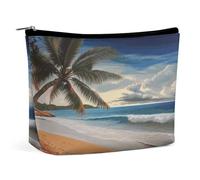 JKLQWH Leather Makeup Bag Waterproof Cosmetic Bag for Women Coconut Palm Tree Sandy Beach Open Flat Toiletry Bags Portable Pouch With Zipper Make Up Organizer Case for Travel Accessories, Coconut Palm