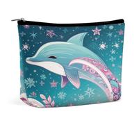 JKLQWH Leather Makeup Bag Waterproof Cosmetic Bag for Women Cute Dolphin Snowflake Open Flat Toiletry Bags Portable Pouch With Zipper Make Up Organizer Case for Travel Accessories, Cute Dolphin