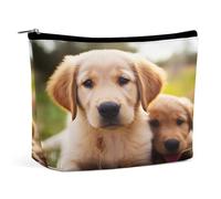 JKLQWH Leather Makeup Bag Waterproof Cosmetic Bag for Women Cute Golden Retriever Puppy Open Flat Toiletry Bags Portable Pouch With Zipper Make Up Organizer Case for Travel Accessories, Cute Golden